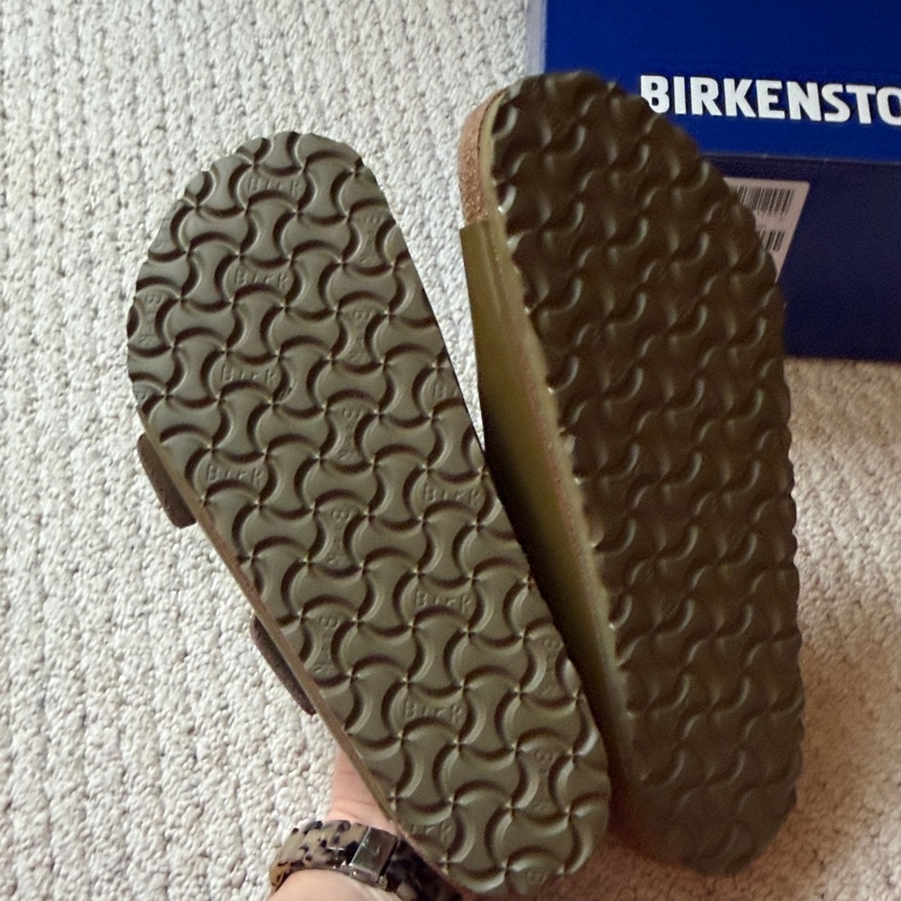 Birkenstock High-Shine Mud Green Arizona Big Buckle Slide Sandals - Picture 3 of 7